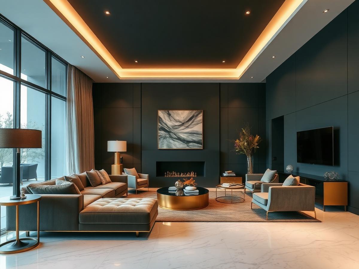 Luxury living room interior with charcoal panelling and brass accents